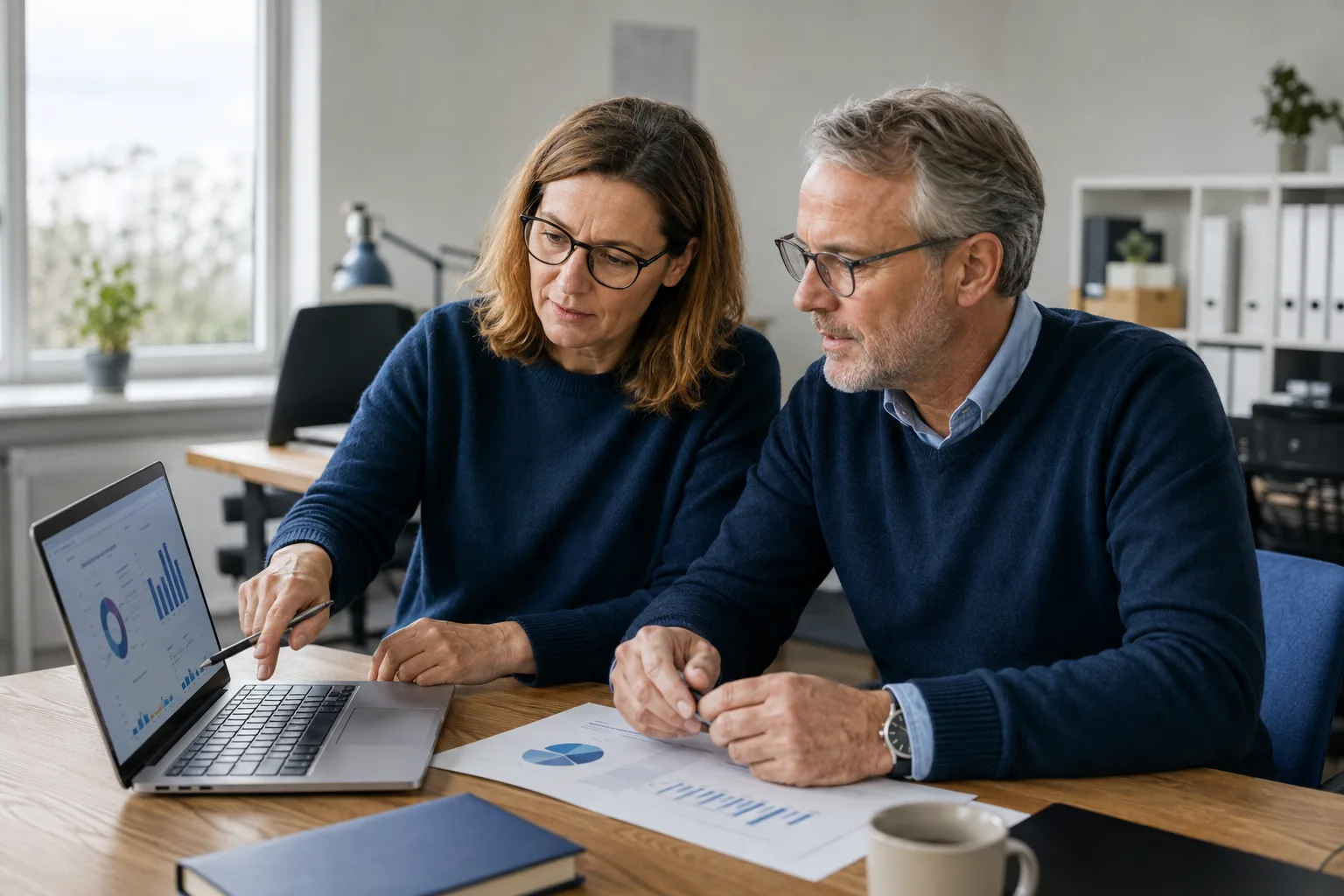 Two colleagues review charts on a laptop and compare them with a printed report